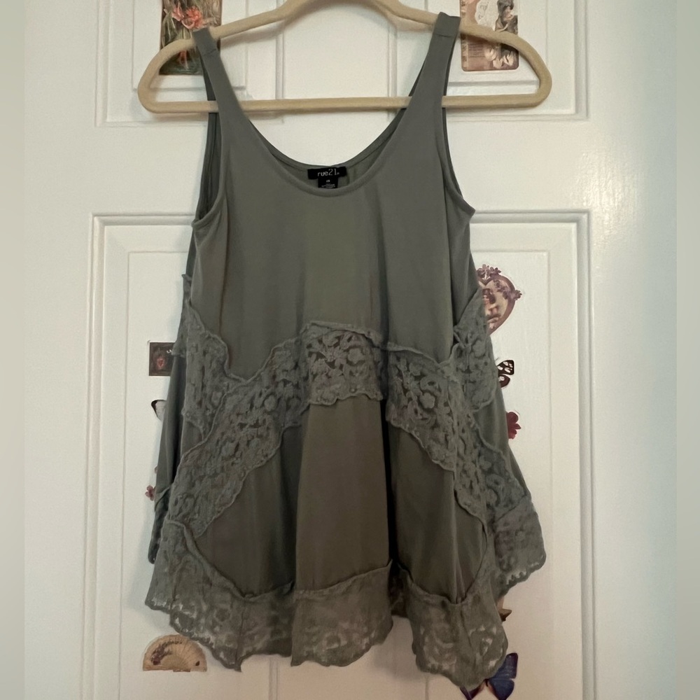 Grunge Fairycore Whimsigoth Flowy Handkerchief Green Lace Tank Top